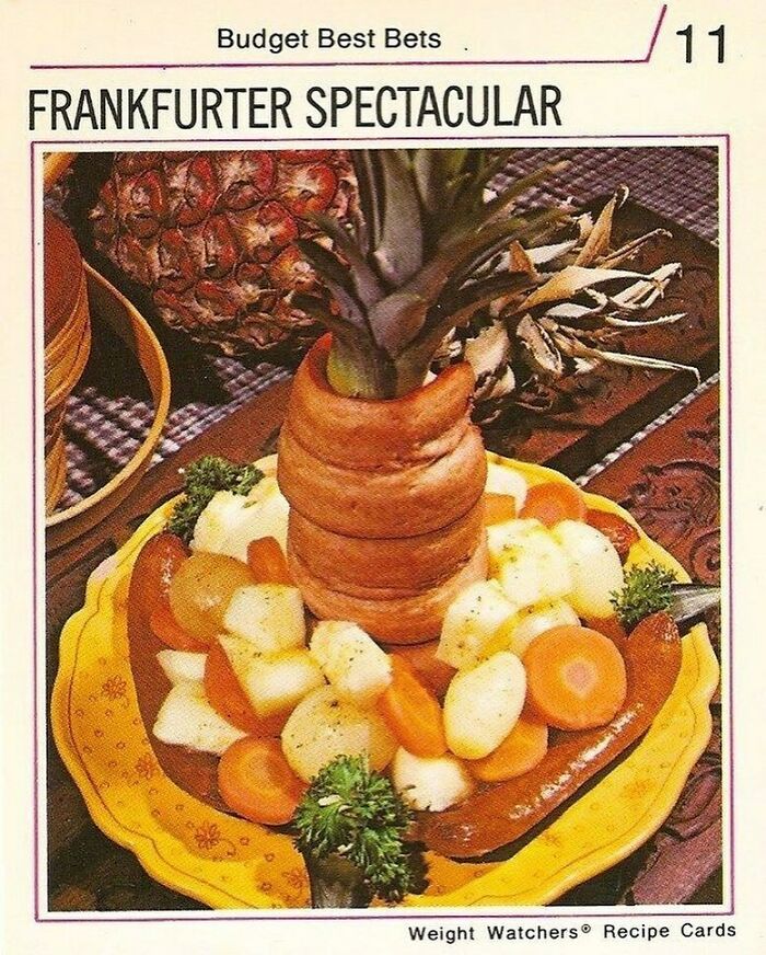 Vintage recipe card showing a frankfurter dish with vegetables and a pineapple top decoration, vintage recipes Gen X style.