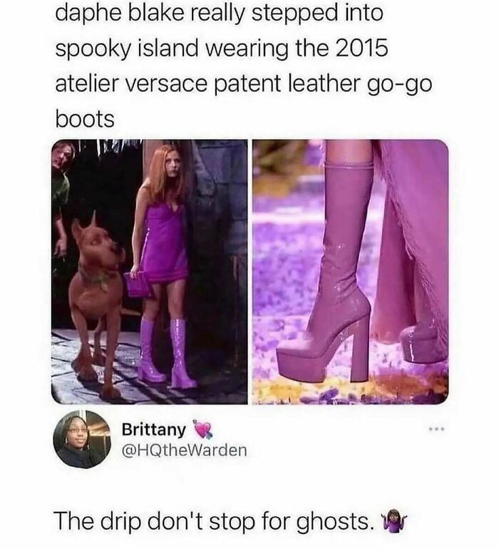 Woman in purple go-go boots on Spooky Island scene, showcasing fashion and diva life makeup style humor meme.