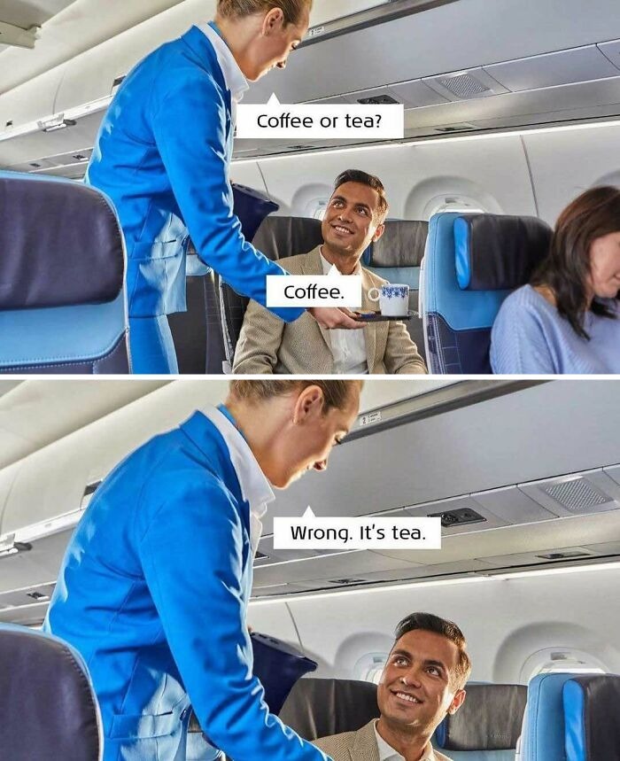Flight attendant serving a passenger on a plane in an aviation meme about choosing coffee or tea during a flight.