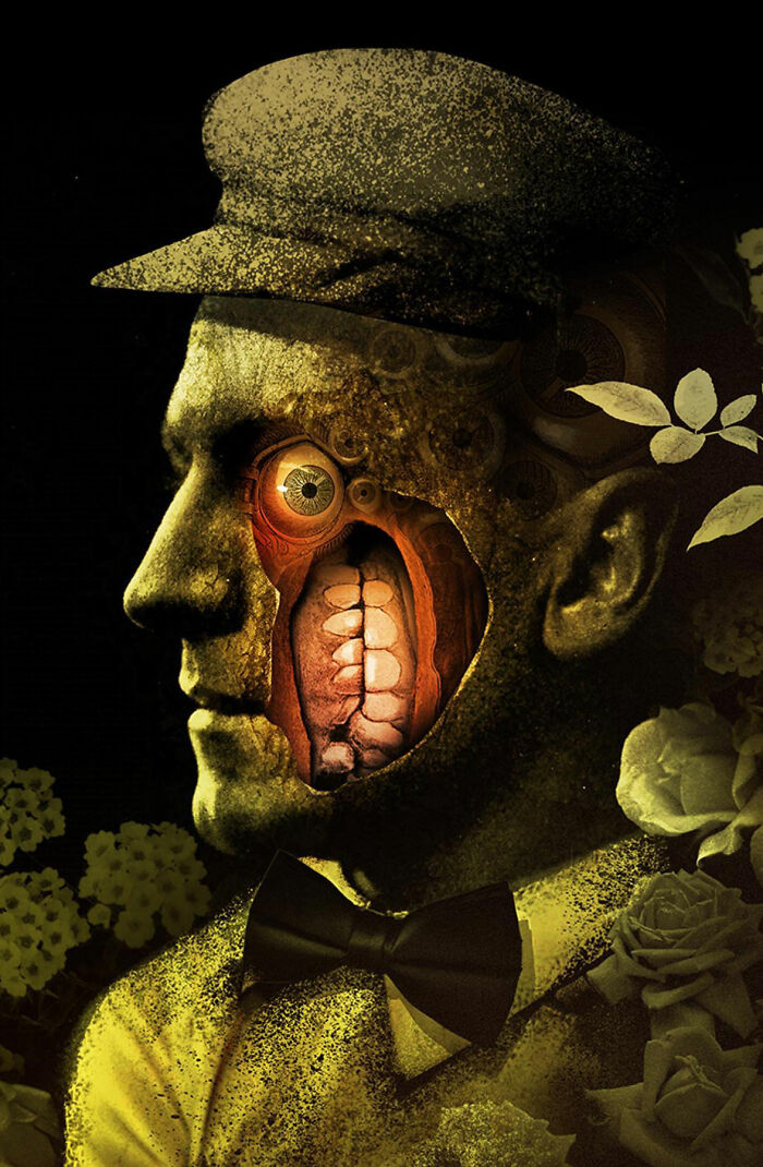 Intricate collage of a man wearing a hat and bow tie with exposed teeth and eye inside his face against dark background.