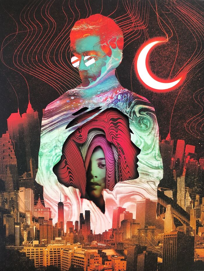 Surreal intricate collage of a man with vibrant colors and a woman's face inside, set against a cityscape and crescent moon backdrop.