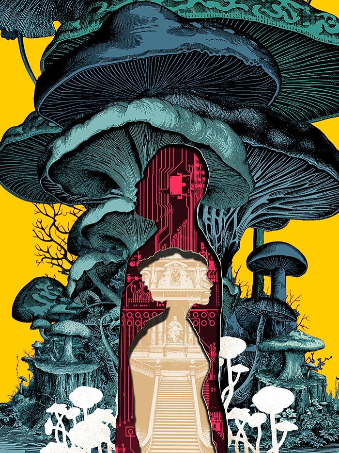 Intricate collage of layered mushrooms with a silhouette cutout revealing architectural and circuit details on a yellow background.