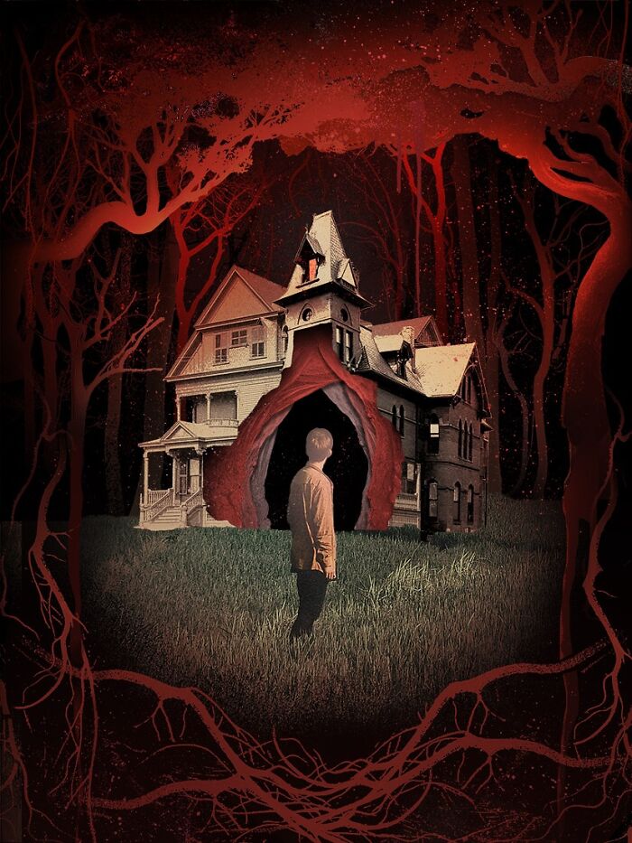 Surreal intricate collage of a person standing in front of a house with a red organic opening under dark red twisted tree branches.