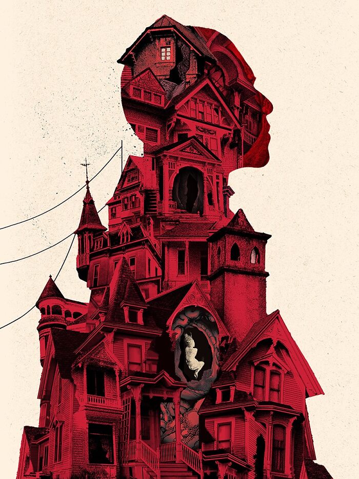 Intricate collage of a red Victorian-style haunted house merging with a human profile silhouette against a plain background.