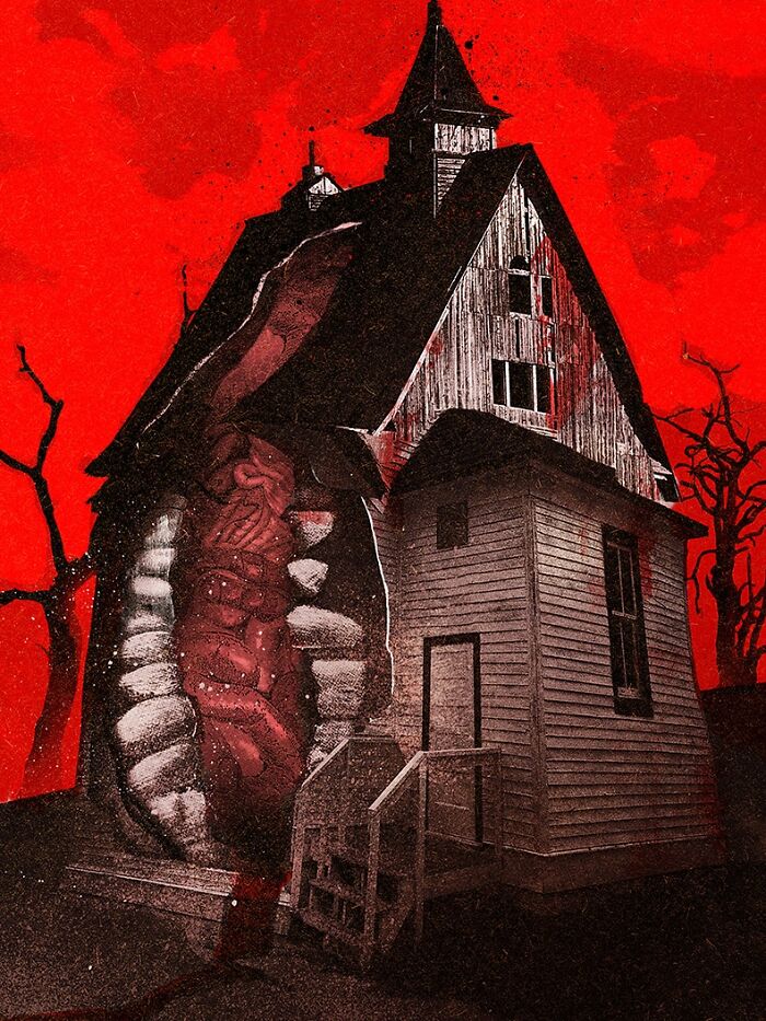Intricate collage of a dilapidated house with exposed internal organs against a striking red background.