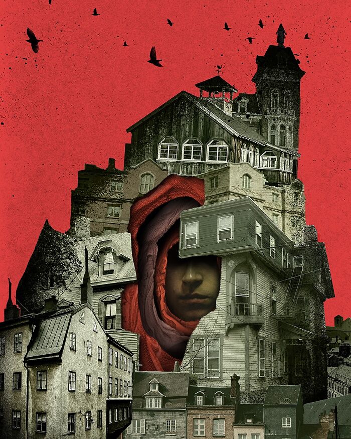 Intricate collage featuring layered buildings and a face with a red textured background and birds flying above.