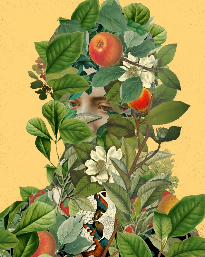 Intricate collage of a partially hidden face surrounded by various green leaves, flowers, and ripe peaches on a yellow background.