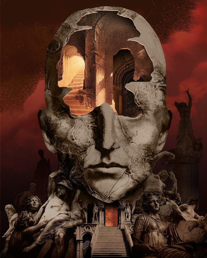 Surreal intricate collage of a cracked classical statue head with architectural elements and multiple smaller statues against a red sky.