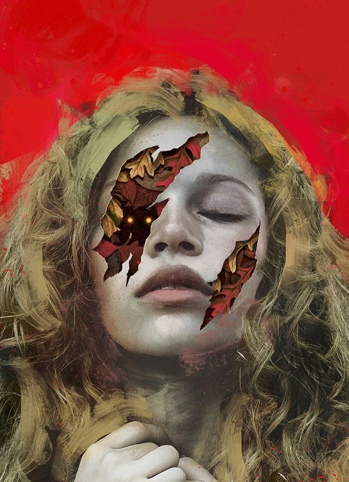 Surreal intricate collage of a woman’s face with leaves and glowing eyes beneath torn skin against a bold red background.