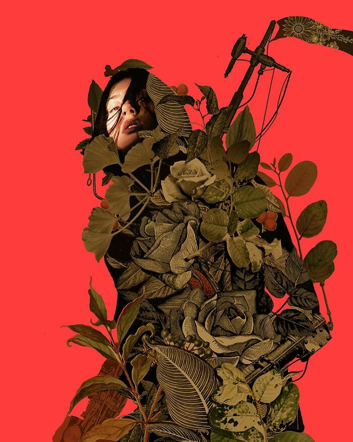 A collage of a woman intertwined with intricate detailed leaves and flowers against a bold red background.