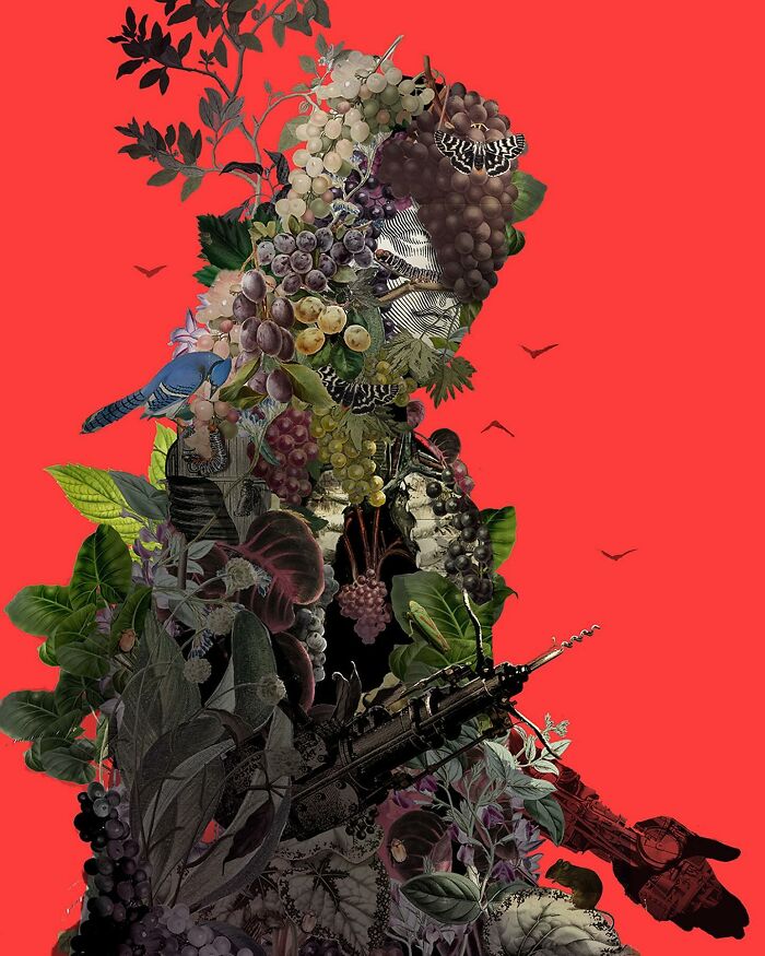 Intricate collage of plants, grapes, butterflies, and a mechanical arm against a bright red background.