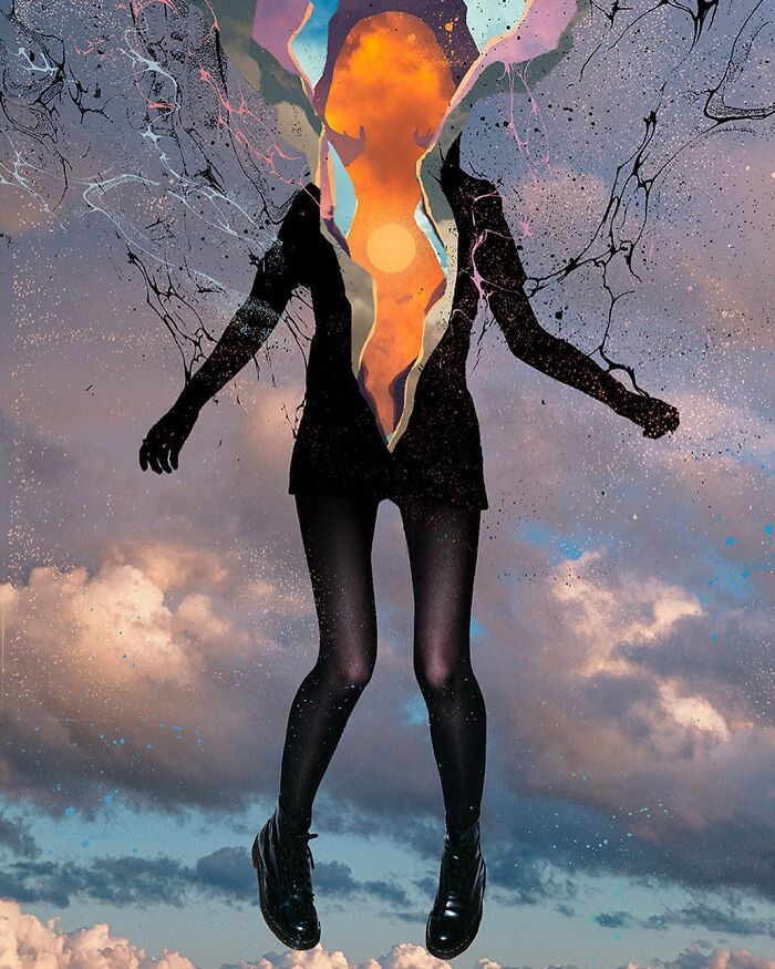 Silhouette of a person with vibrant sun and abstract patterns inside, an intricate collage blending sky and art elements.