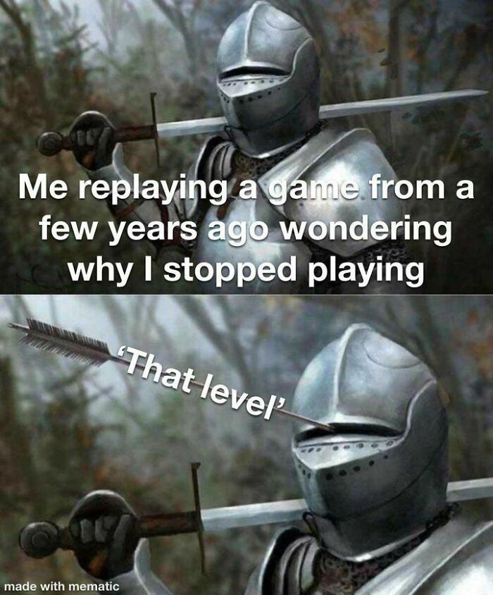 Knight in armor holding a sword with arrow through helmet, illustrating funny gaming meme for dads wanting peace to game.