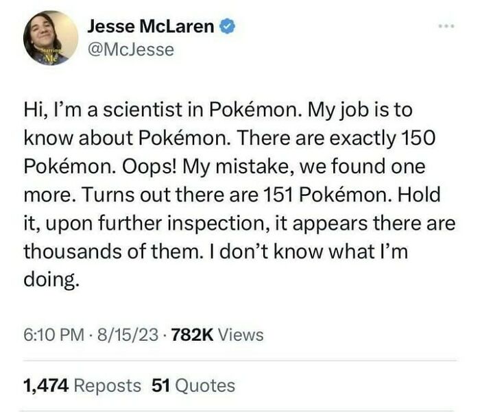 Tweet by Jesse McLaren humorously admitting confusion about the total number of Pokémon, related to funny memes for dads gaming.