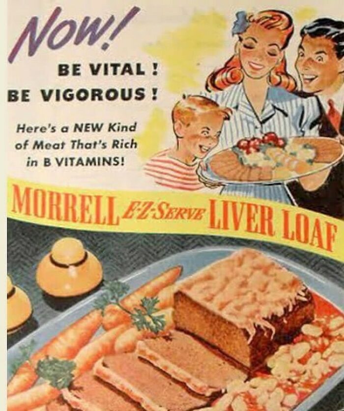Vintage recipe ad for Morrell liver loaf with carrots and peas, highlighting creative vintage recipes from Gen X era.