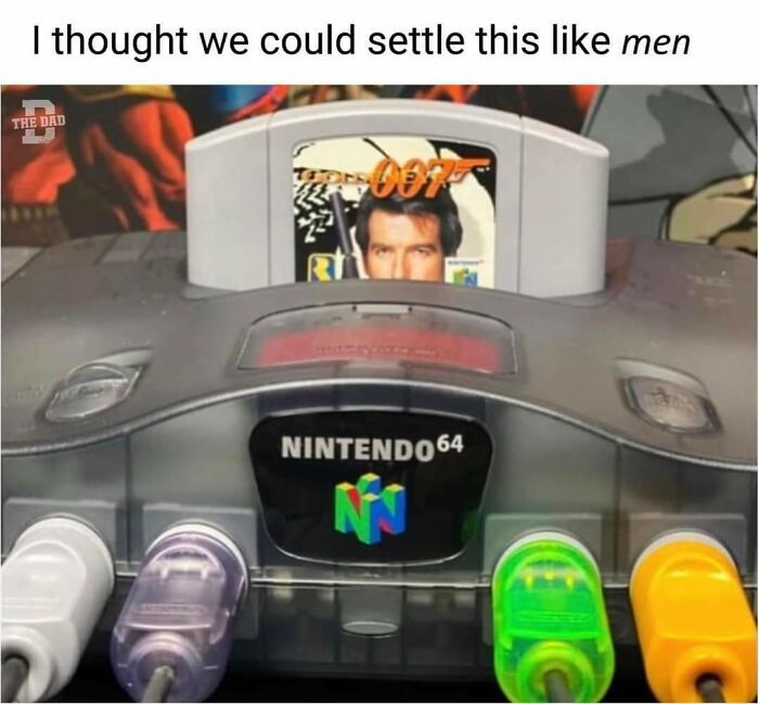 Nintendo 64 console with James Bond 007 game cartridge humor for dads who want to game in peace.