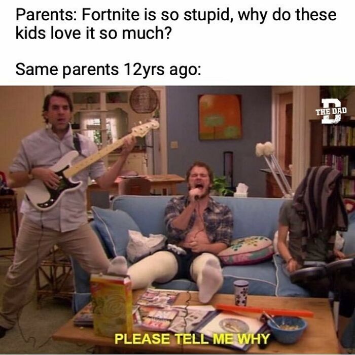 Parents playing video games with musical instruments and a cast, illustrating funny dad gaming memes for dads who just want peace.