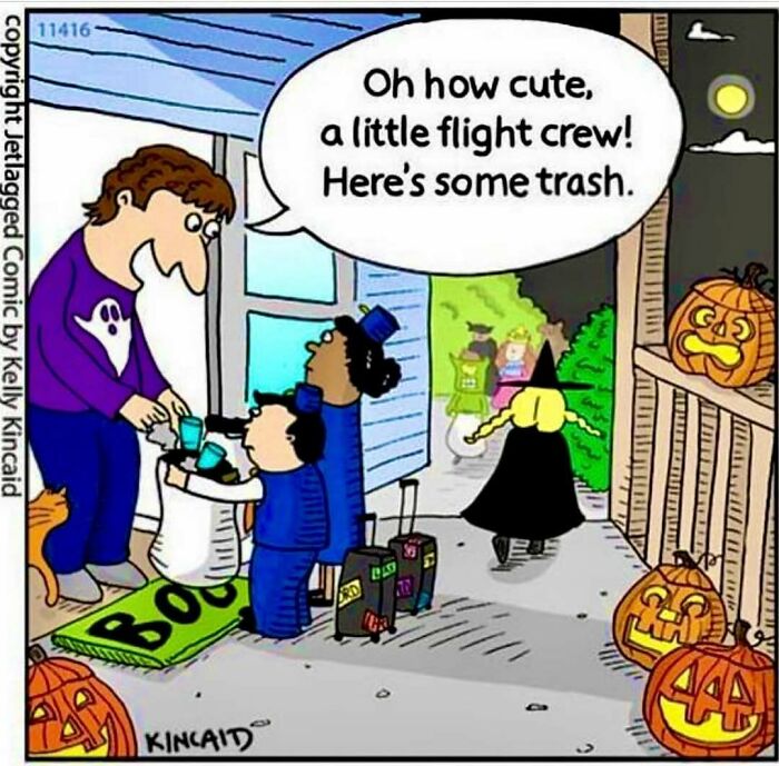 Cartoon of children trick-or-treating as flight crew, with luggage and Halloween pumpkins on a porch at night.