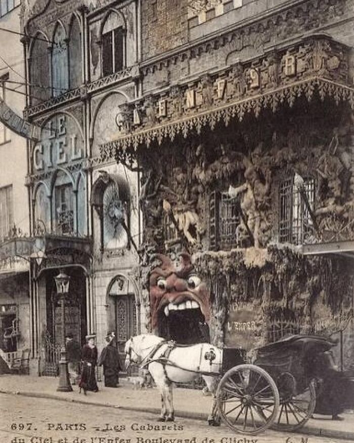 Victorian era weird photo showing a street scene with a horse carriage in front of a bizarre cabaret facade.