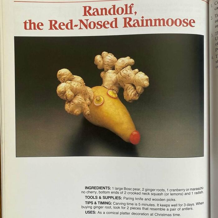 Vintage recipe creation of Randolf the Red-Nosed Rainmoose using pear, ginger roots, and cranberries as food art.