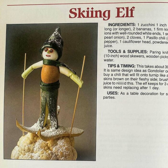 Vintage creative recipe featuring a skiing elf made from vegetables as a quirky Gen X vintage recipe idea.