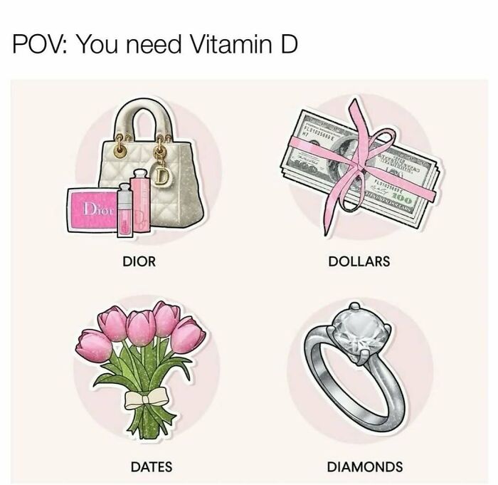 Illustration showing Dior bag and makeup, money, flowers, and diamond ring, related to makeup fashion and diva life memes.