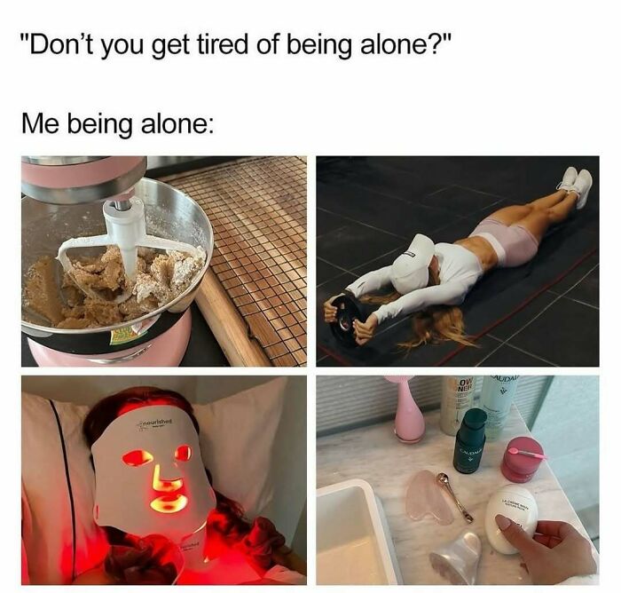 Collage of solo activities including baking, exercising, skincare mask, and beauty tools, related to makeup and diva life memes.