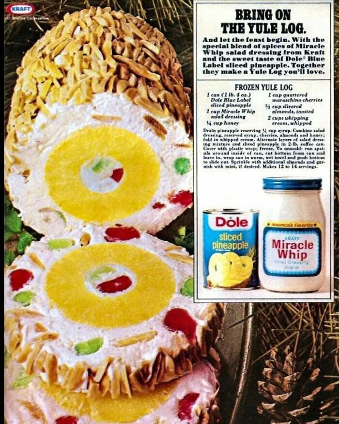 Vintage frozen yule log dessert with pineapple rings, maraschino cherries, and Miracle Whip from creative vintage recipes.