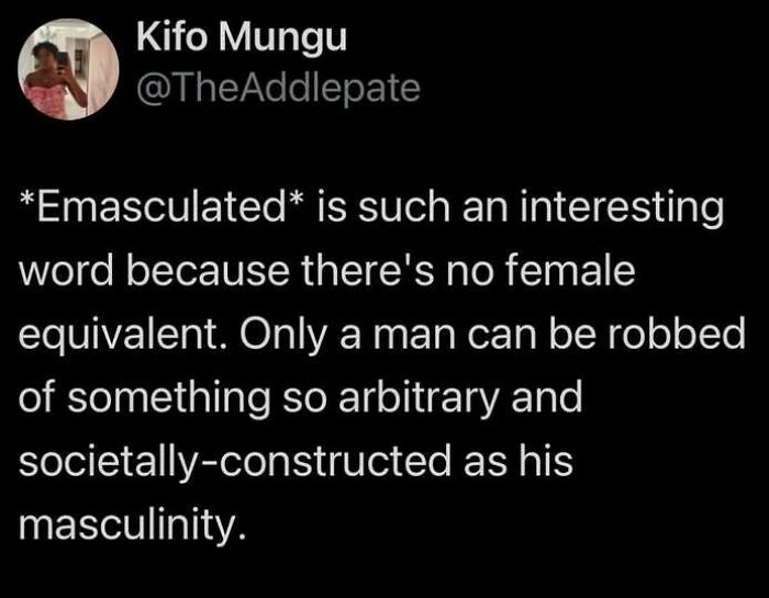 Tweet discussing the word emasculated and masculinity in a savage women roast targeting men online.