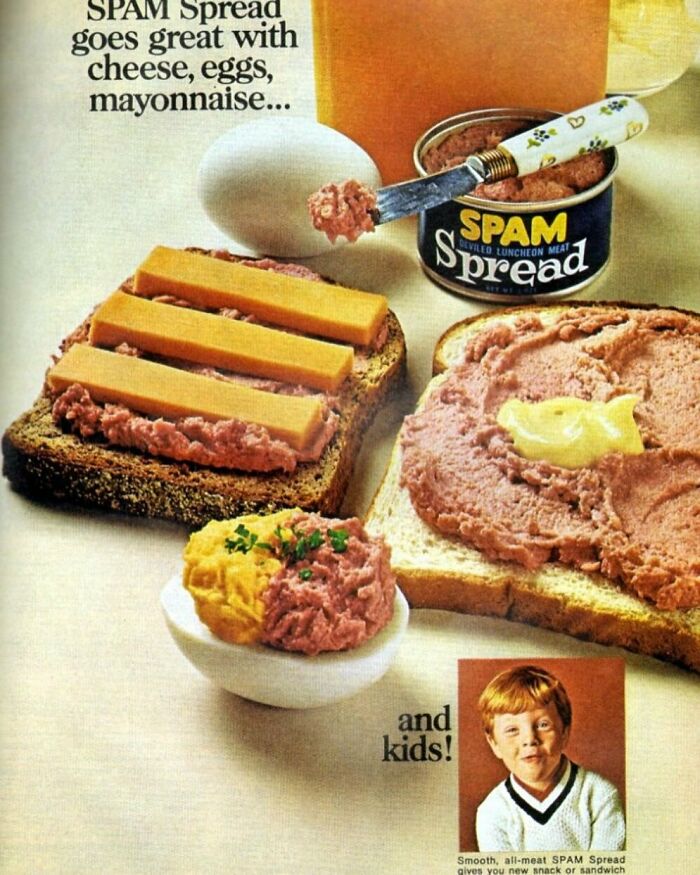 Vintage SPAM spread on bread and eggs showcasing disturbingly creative vintage recipes from Gen X era.