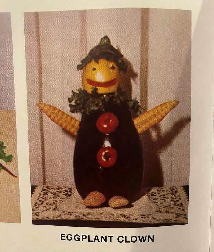 Creative vintage eggplant clown recipe with unique vegetable decoration reflecting Gen X culinary creativity.