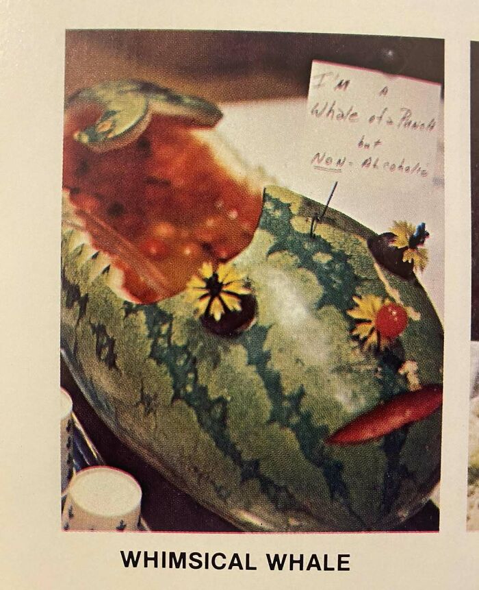 Vintage whimsical whale watermelon recipe, showcasing creative and disturbing Gen X vintage recipes from past decades.