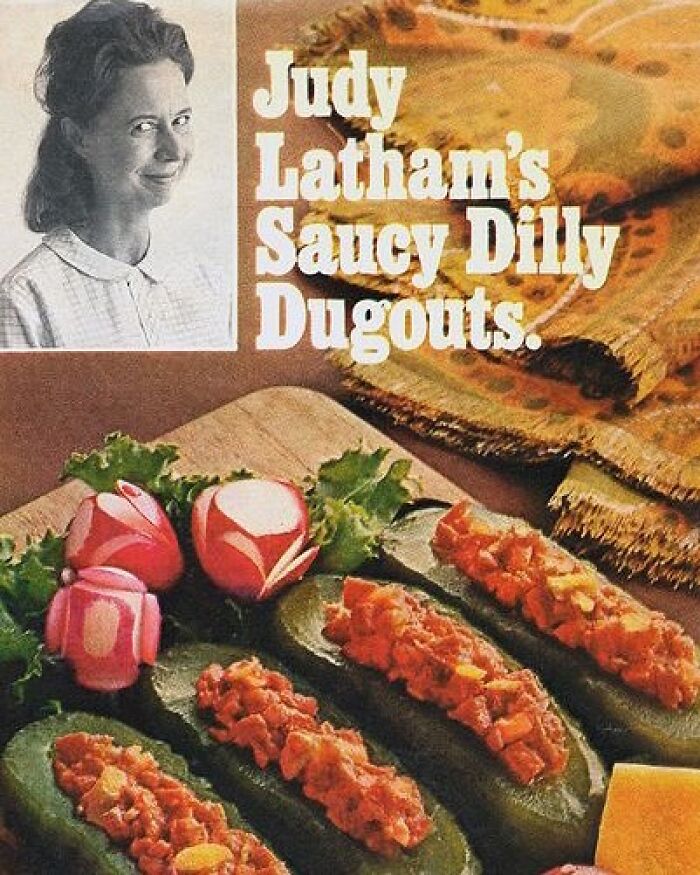 Vintage recipe for saucy dill stuffed cucumbers with garnished radish flowers, showcasing creative Gen X food ideas.