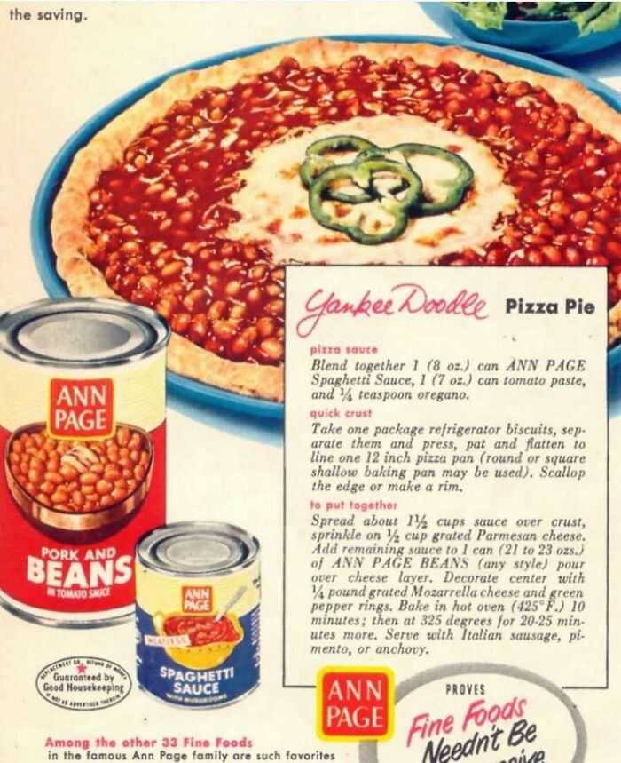 Vintage recipe for Yankee Doodle pizza pie featuring Ann Page pork and beans and spaghetti sauce on a biscuit crust.