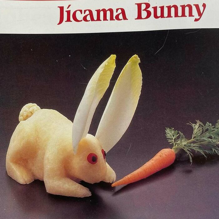 Creative vintage recipe shaped like a bunny made from jicama, showcasing disturbing Gen X food trends and presentation.