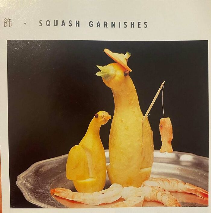 Squash garnishes shaped like birds, surrounded by shrimp, showcasing disturbingly creative vintage recipes from Gen X era.