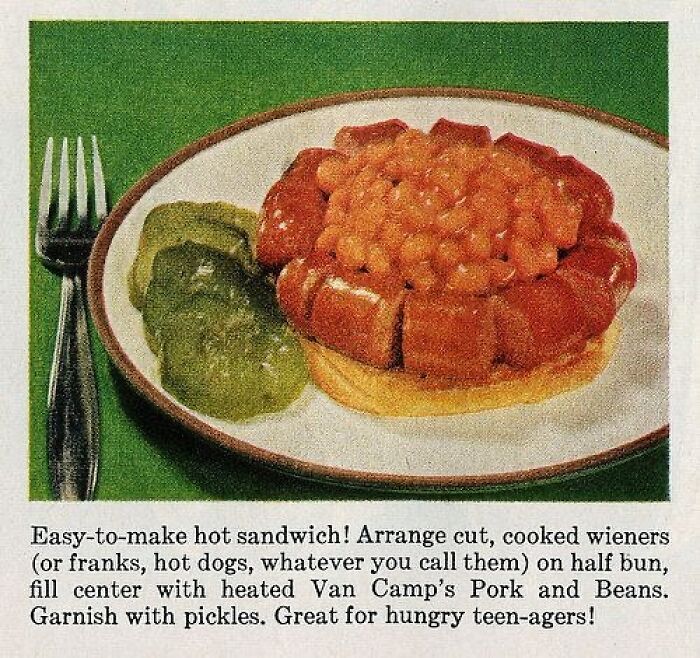 Vintage creative recipe showing hot sandwich with cooked wieners and pork and beans, illustrating Gen X food trends.