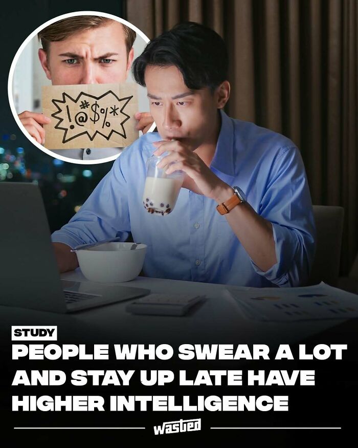 Man drinking bubble tea late at night while working on a laptop, highlighting fun facts and new things followers learn.