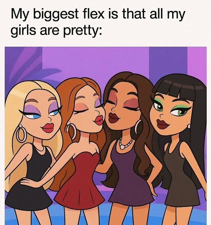 Cartoon of four fashionable girls posing confidently with makeup and stylish outfits, highlighting makeup fashion and diva life memes.