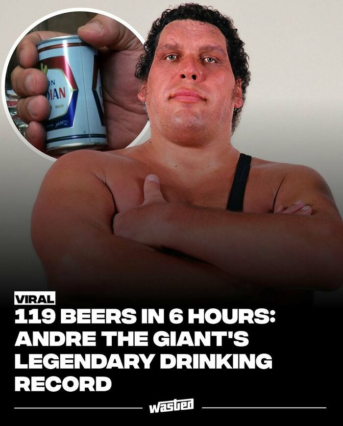 Andre the Giant posing with arms crossed and a close-up of a hand holding a beer can, illustrating fun facts.