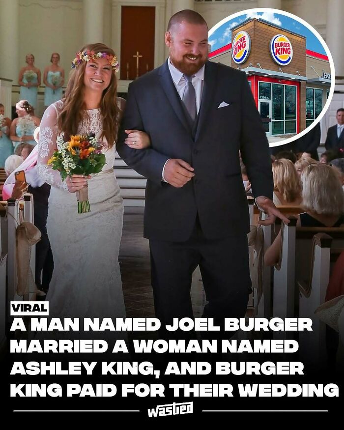 Bride and groom smiling at wedding, viral fun facts page with 18.2M followers shares unique couple's story.