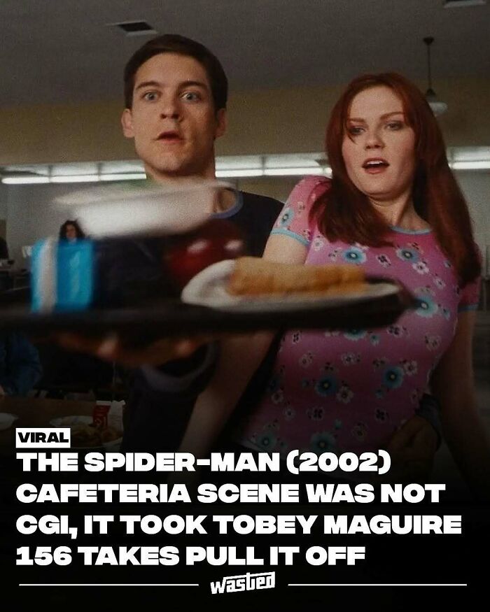 Tobey Maguire and Kirsten Dunst in Spider-Man 2002 cafeteria scene fun facts shared by 18.2M followers page.