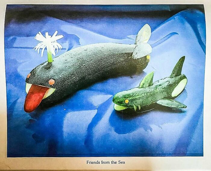 Creative vintage recipes shaped like sea creatures, showcasing disturbing and quirky Gen X food trends on a blue backdrop.