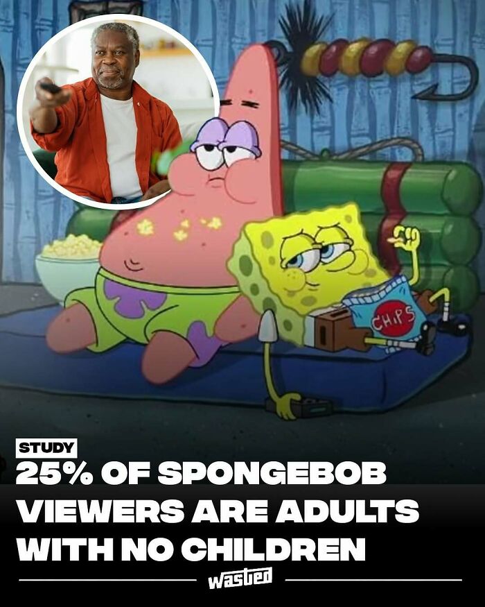 Man holding remote watching TV inset over SpongeBob and Patrick sitting on a couch eating chips and popcorn, fun facts and new things.