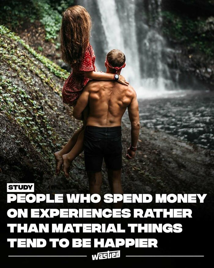 Couple enjoying a waterfall adventure, highlighting how experiences bring happiness with 18.2M people following fun facts.