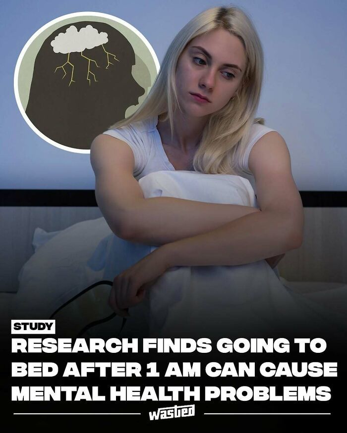 Young woman sitting on bed looking worried with mental health graphic illustrating stormy brain and research on mental health problems.