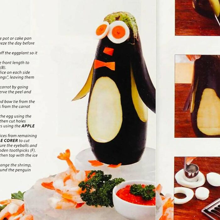 Vintage creative recipe featuring a penguin made from eggplant and carrot, showcasing disturbing Gen X food art.