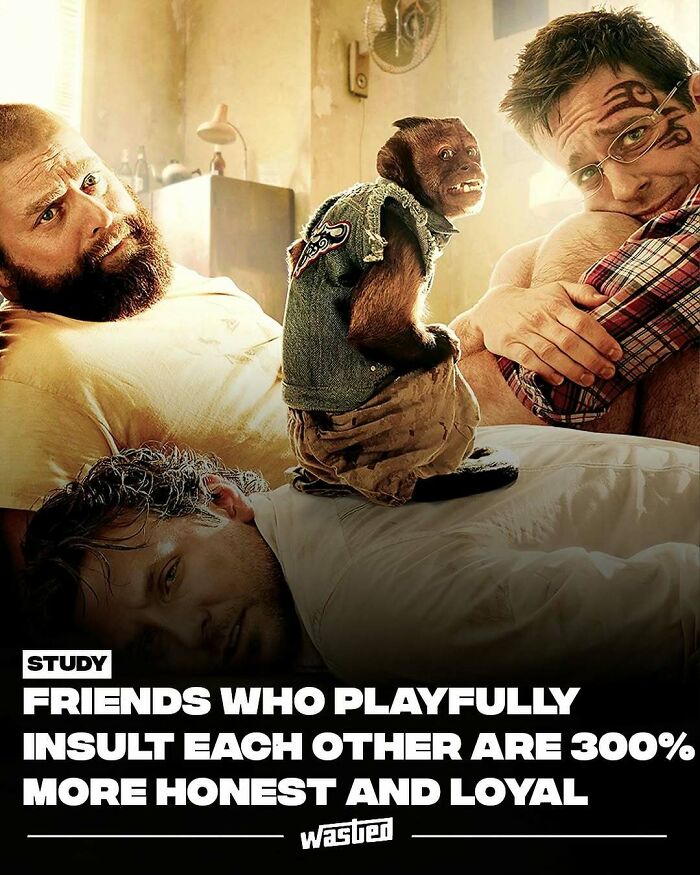 Three men and a monkey lounging indoors, illustrating fun facts shared by 18.2M people who follow this page.