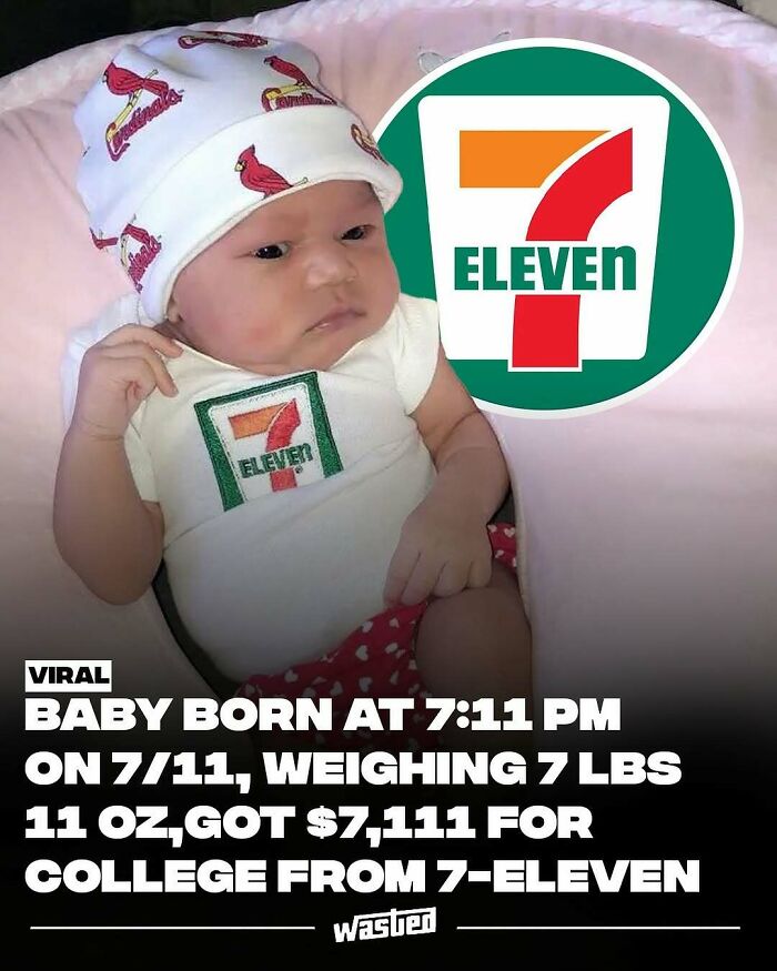 Baby dressed in 7-Eleven outfit with logo, celebrating a fun fact about a unique birth time and date.