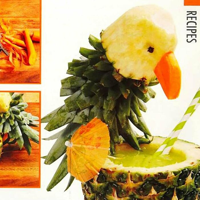 Creative vintage recipe featuring a pineapple transformed into a bird with a drink inside, showcasing disturbing Gen X food art.